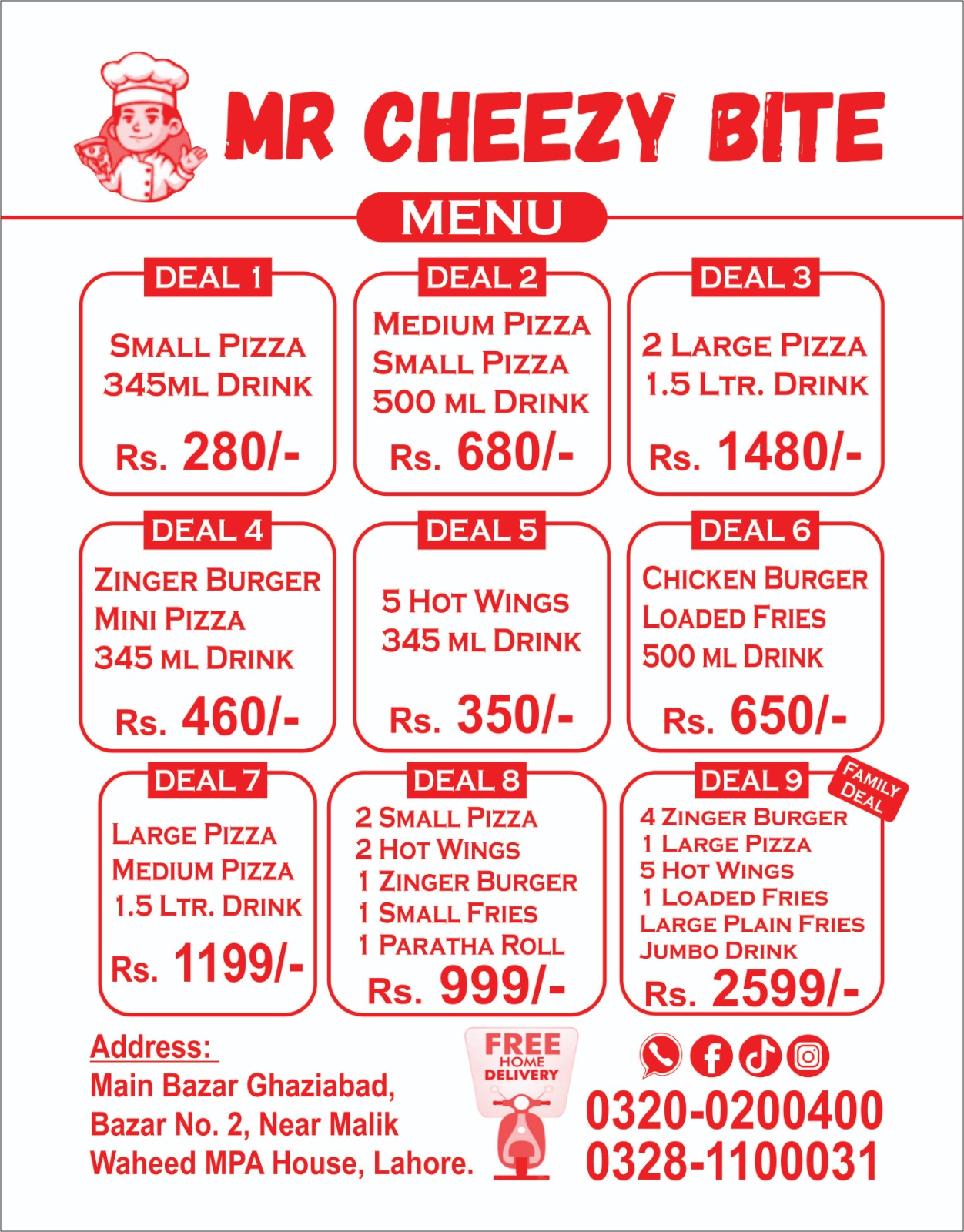 Mr Cheezy Bite deals card with address and phone numbers